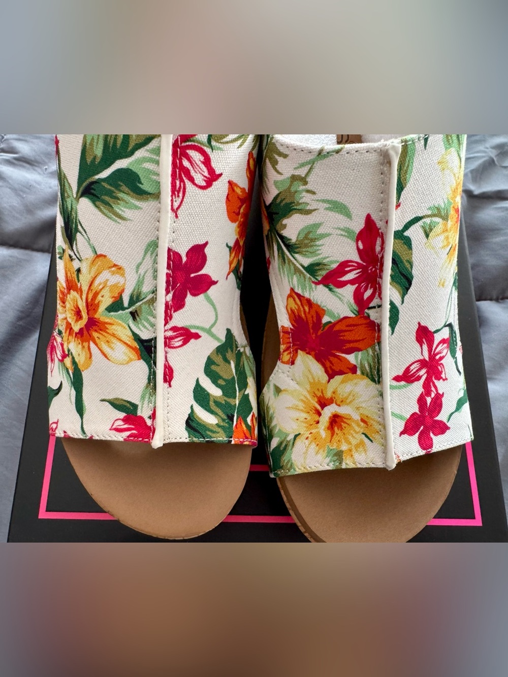 Corkys Floral Print Wedge Sandals - White with Red & Yellow Blooms - Picture 5 of 7